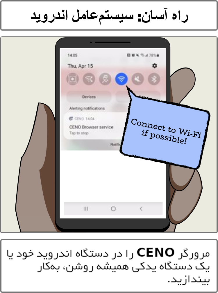 راه آسان: سیستم عامل اندروید. مرورگر CENO را روی دستگاه اندرویدی خود و/یا یک دستگاه یدکی دیگر همیشه روشن، اجرا کنید.