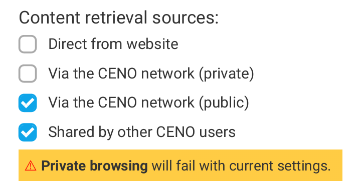 Figure: Invalid settings for private browsing