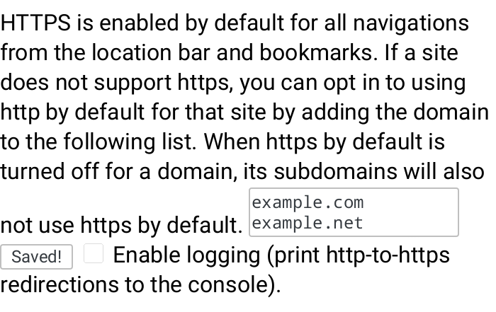 طرح: افزودن استثناها برای وب‌سایت‌هایی که فقط HTTP را پشتیبانی می‌کنند